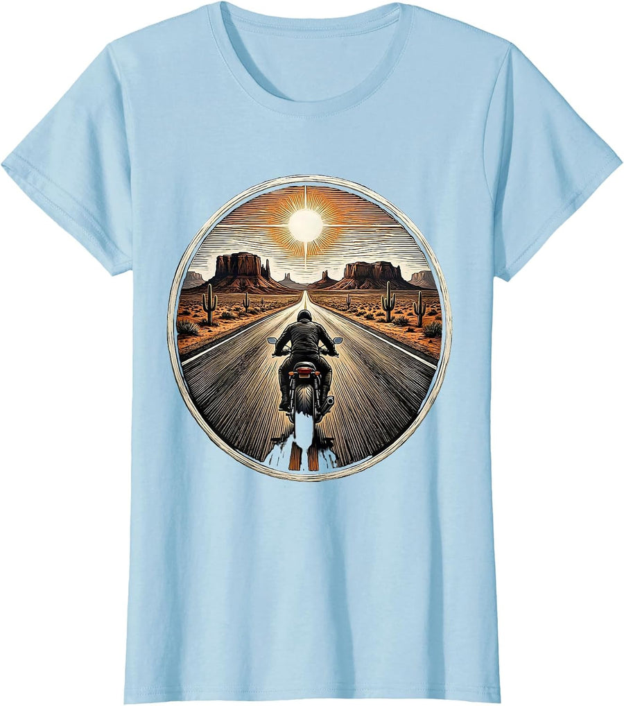 Women's Lone Biker Desert Highway Motorcycle Graphic T-Shirt - Baby Blue