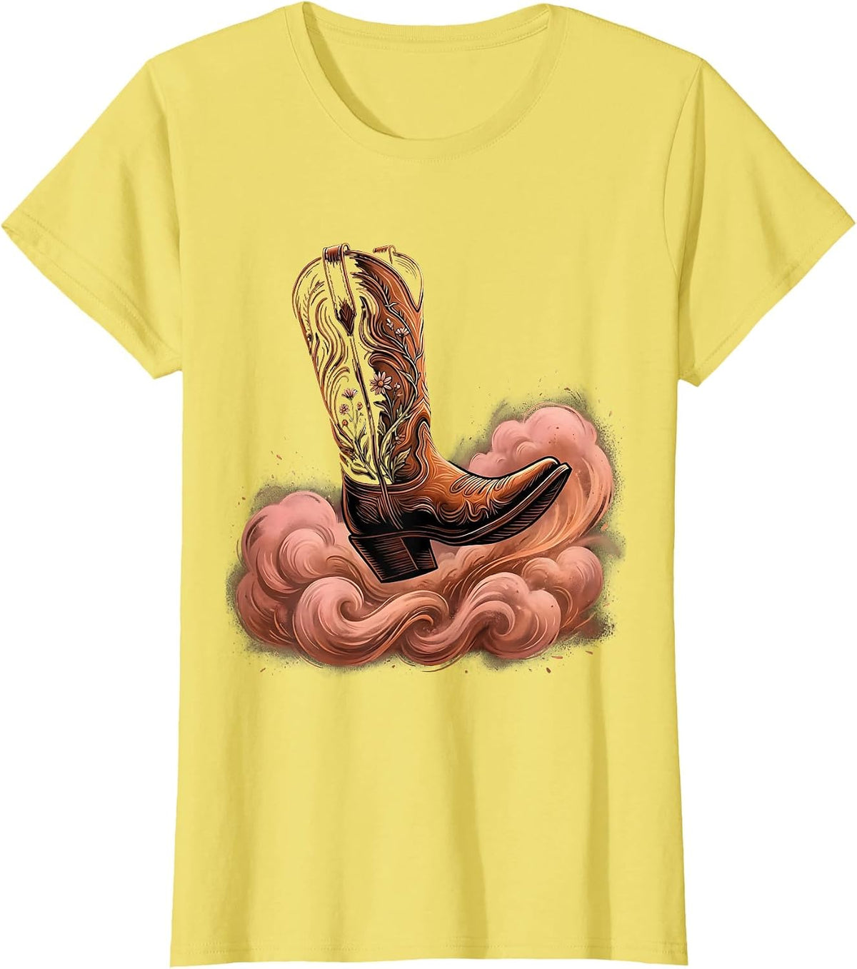 Cowgirl Boot Kicking Dust Western Graphic T-Shirt - Lemon Yellow
