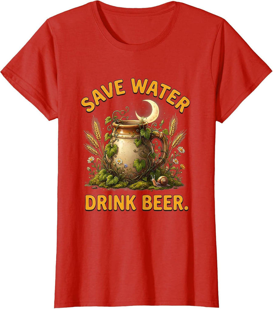 Women's Save Water Drink Beer Funny Brewing Design T-Shirt - Red