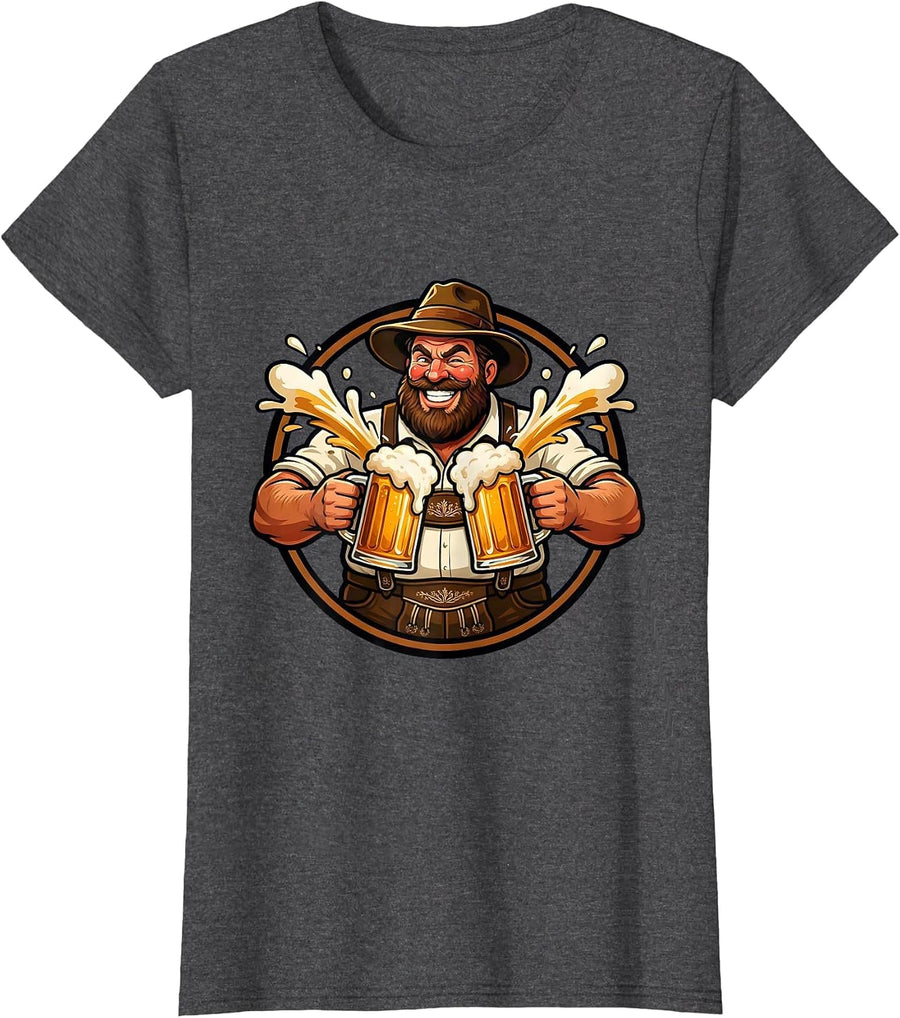 Women's Oktoberfest Bearded Lederhosen Beer Stein Clinking T-Shirt - Dark Heather Grey