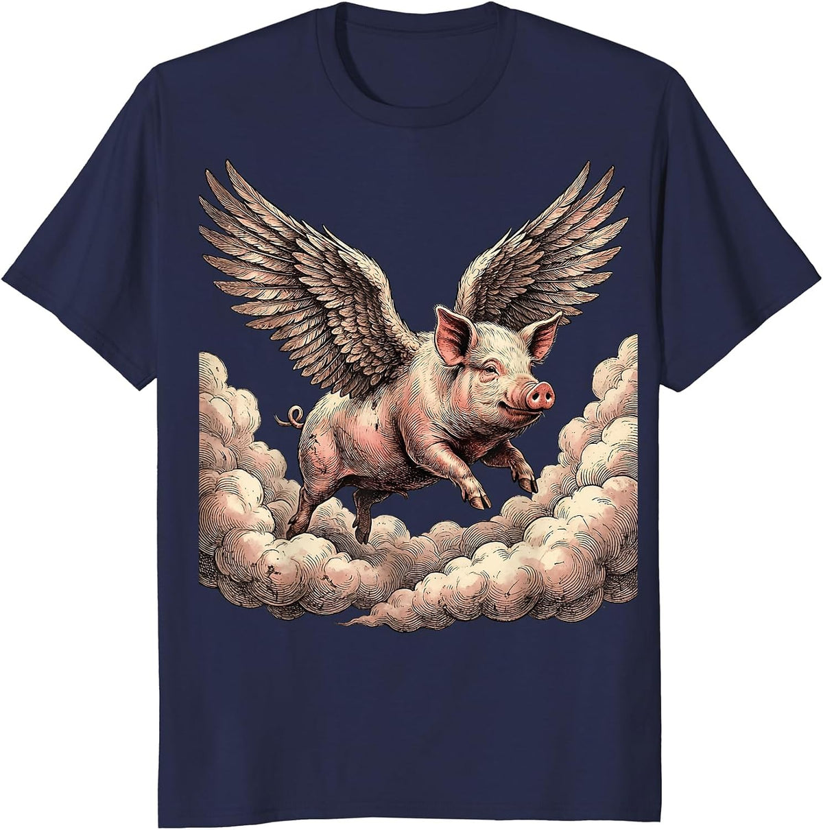 Winged Pig Flying Through the Clouds T-Shirt - Navy Blue