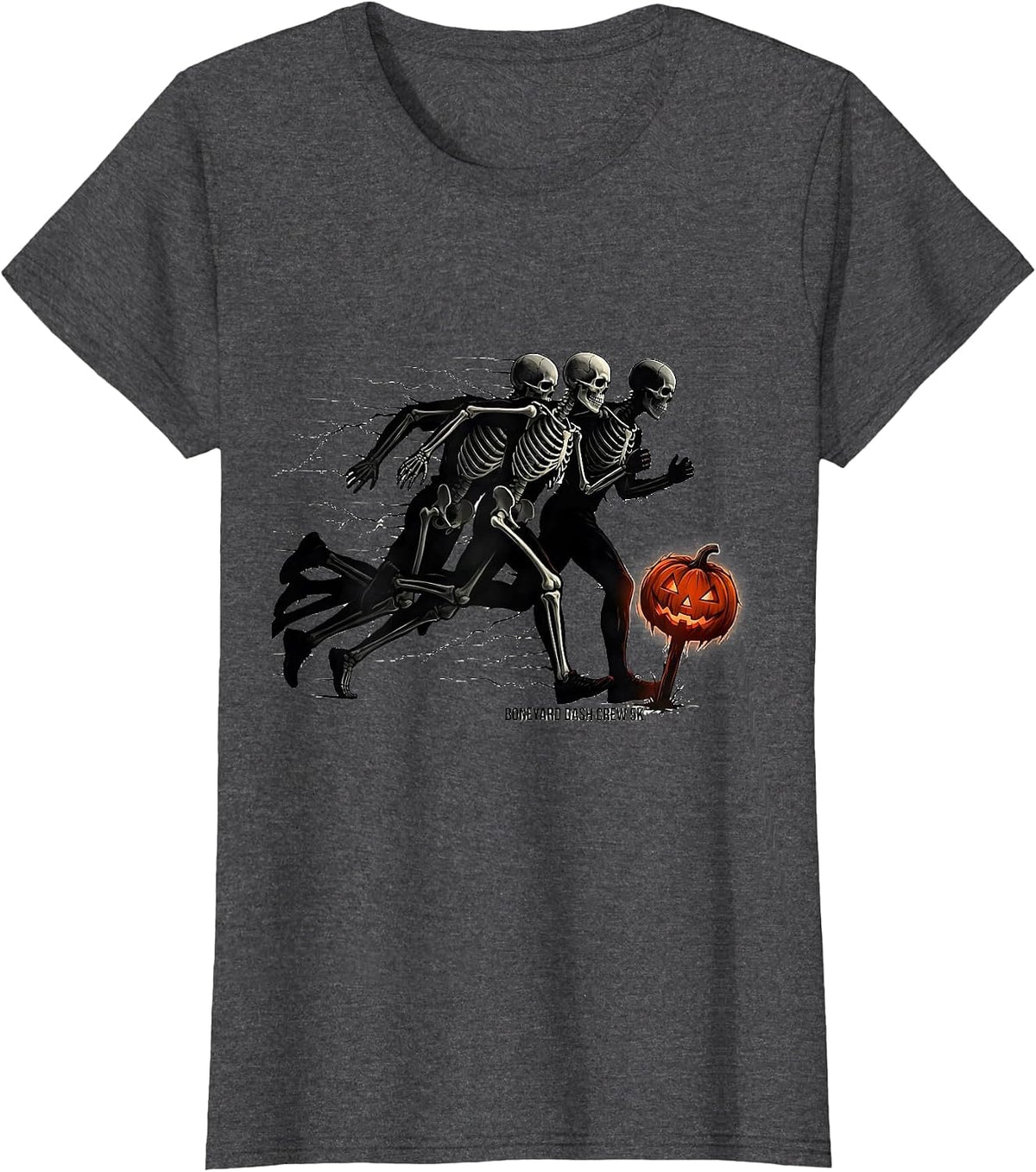 Women's Boneyard Dash Crew 5K Horror Skeleton Runner Halloween Fun T-Shirt - Dark Heather Grey
