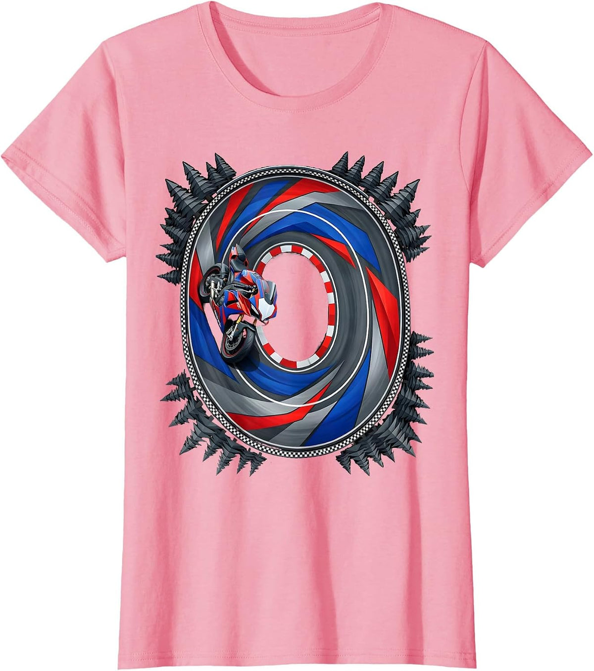 Women's Mountain Road Pine Forest Aerial Motorcycle Design T-Shirt - Pink