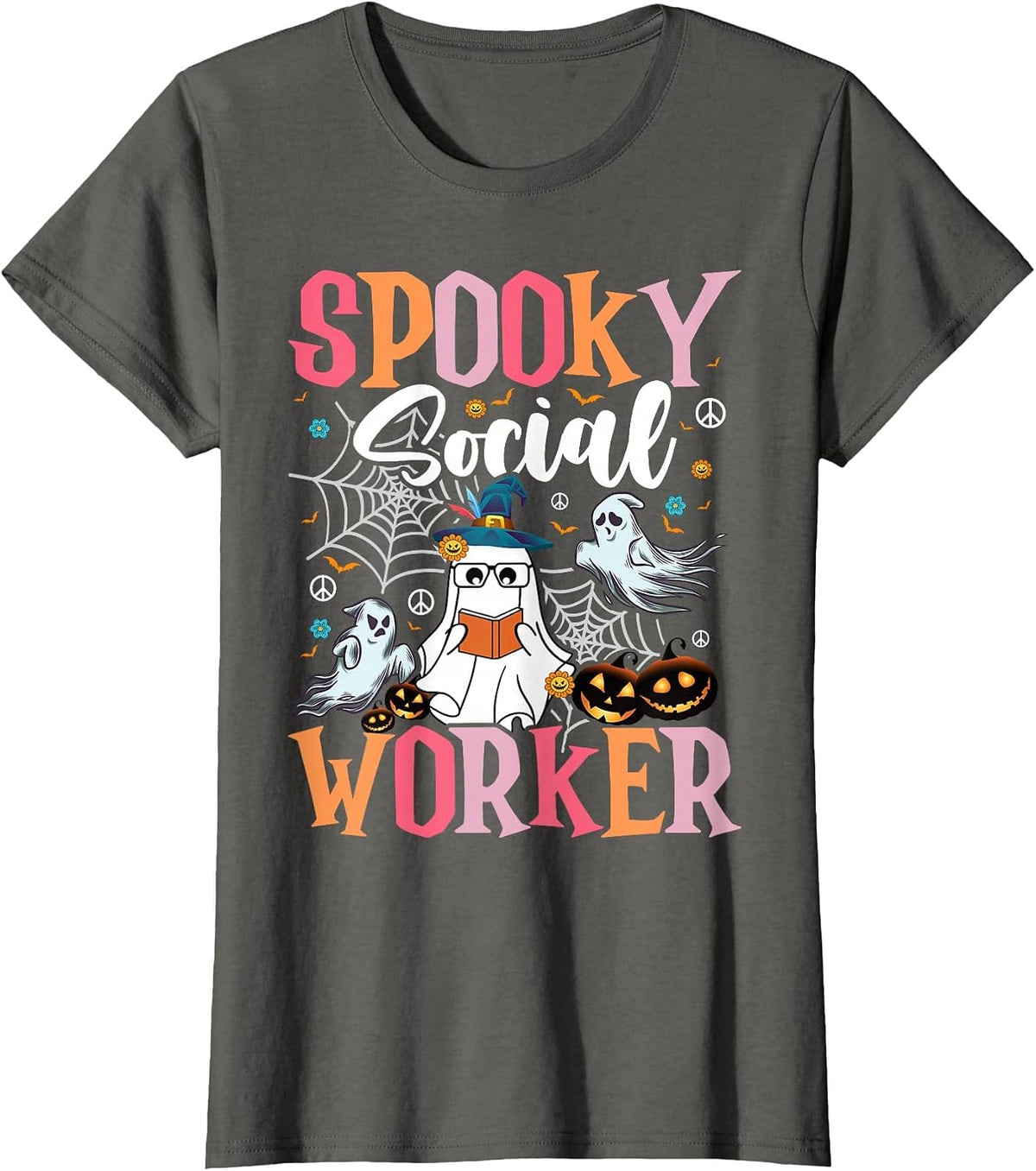 Groovy Retro Ghost Spooky Social Worker Halloween Costume T-Shirt - Asphalt Grey