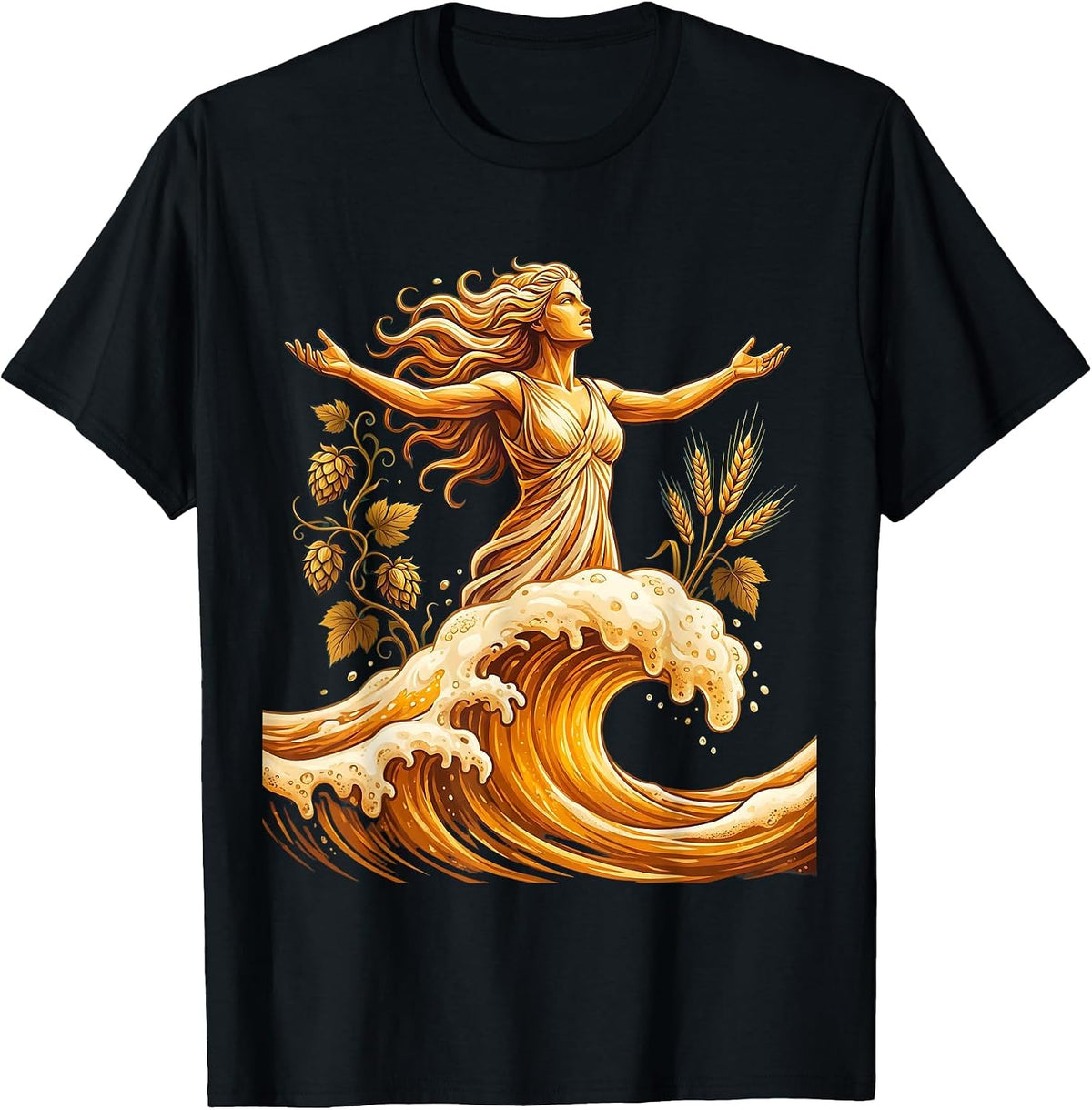 Men's Goddess Rising Beer Wave Graphic Tee T-Shirt - Black