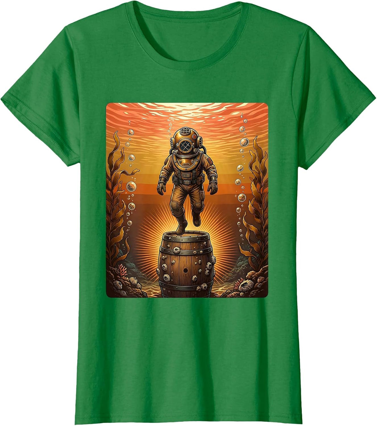 Deep Sea Diver Sunken Beer Barrel Discovery T-Shirt - Kelly Green
