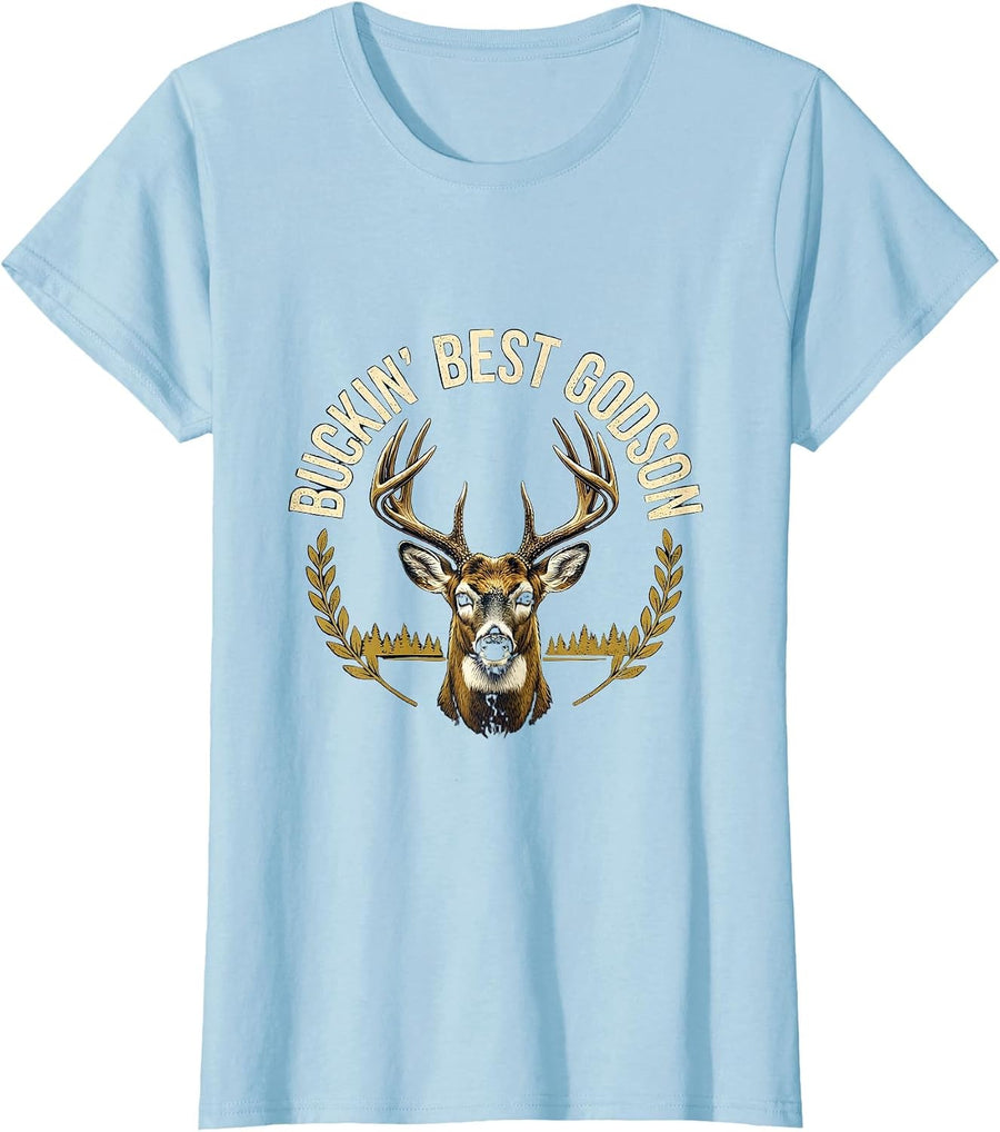 Women's Buckin' Best Godson Funny Hunting Dad Humor Whitetail Buck T-Shirt - Baby Blue