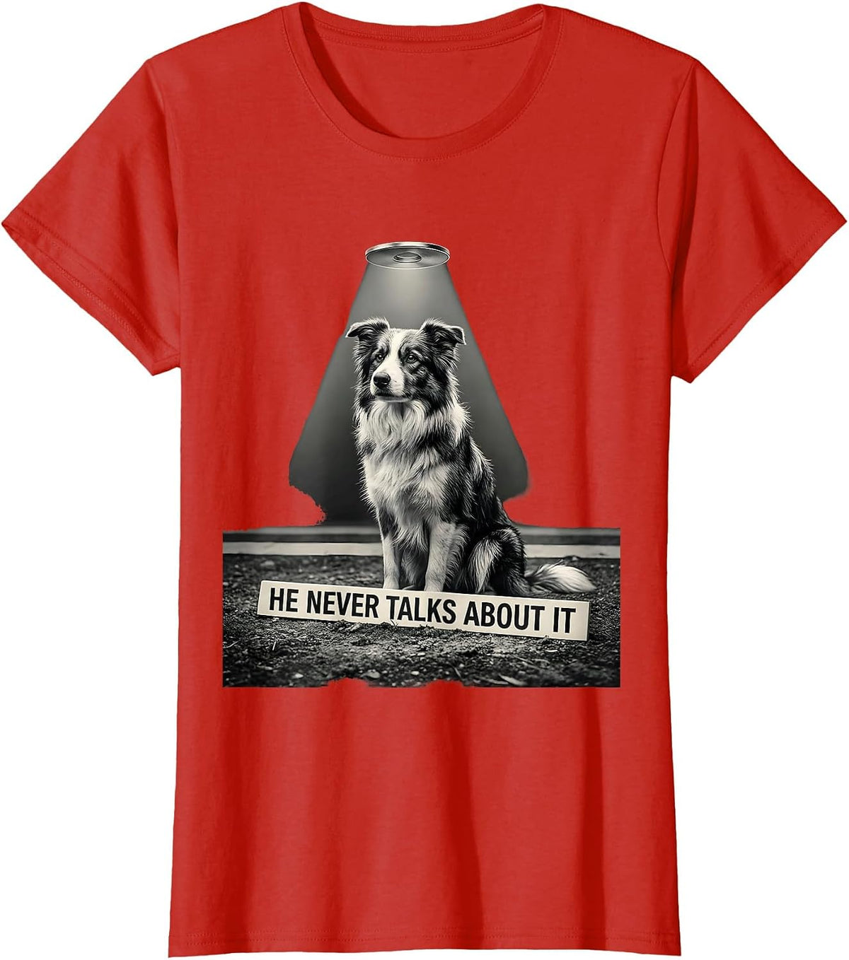 He Never Talks About It Funny Border Collie Alien UFO T-Shirt - Red
