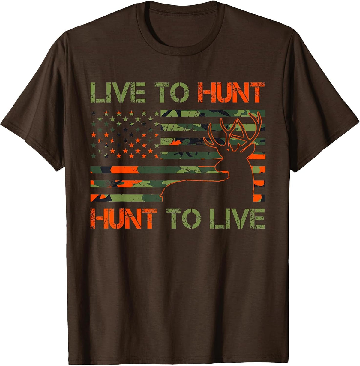 Live to Hunt Whitetail Buck Camo American Flag Deer Hunting T-Shirt - Brown