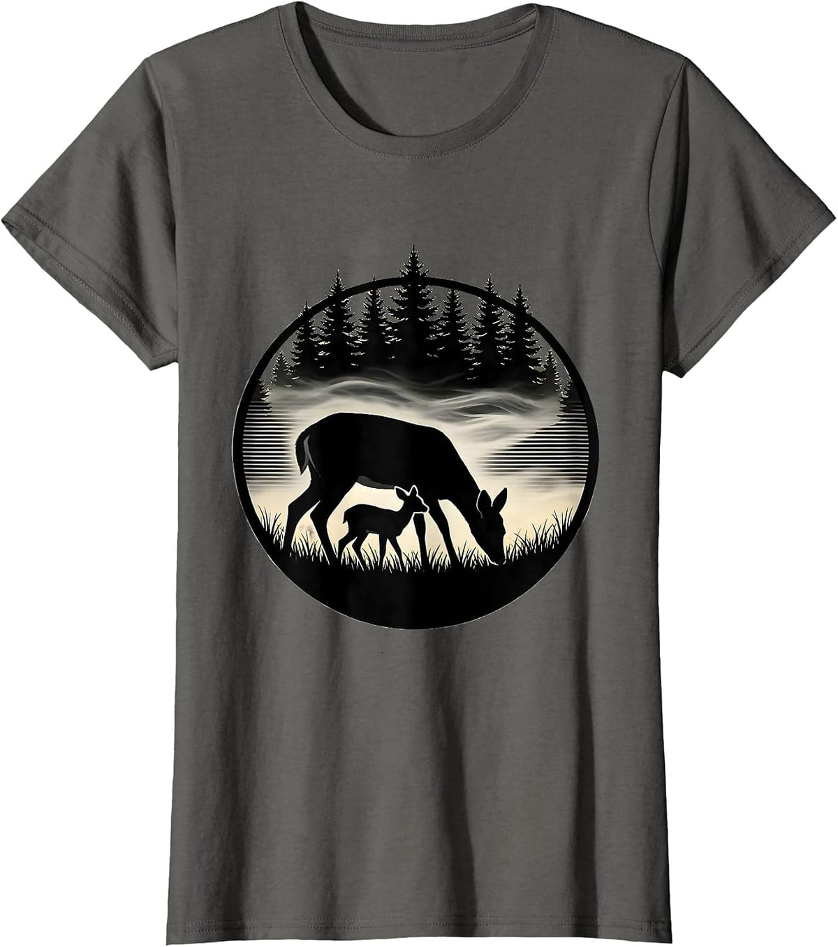 Women's Doe and Fawn Grazing in Meadow Fog Hunting T-Shirt - Asphalt Grey
