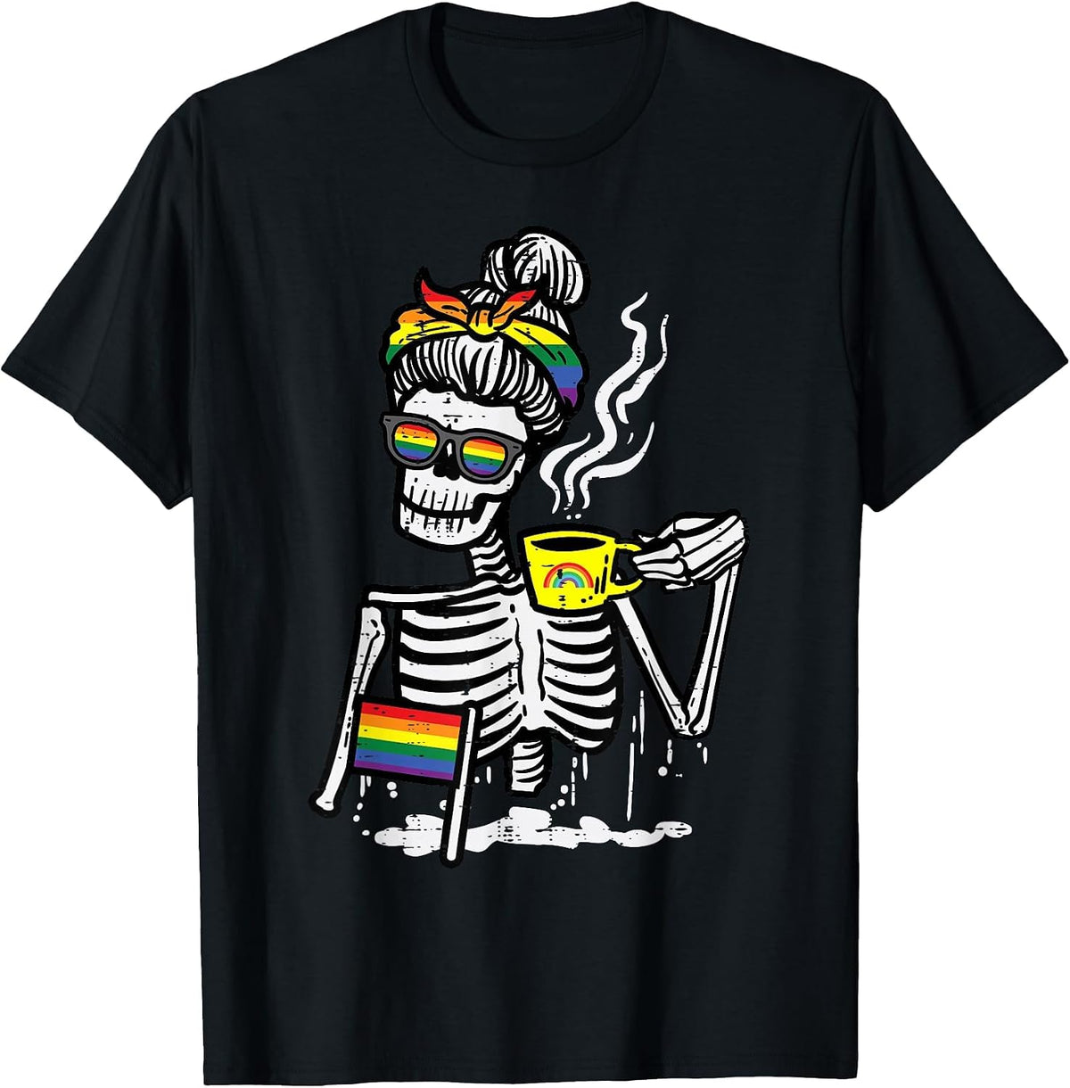 Gay Skeleton Messy Bun Coffee LGBT Pride Month Women Men T-Shirt - Black