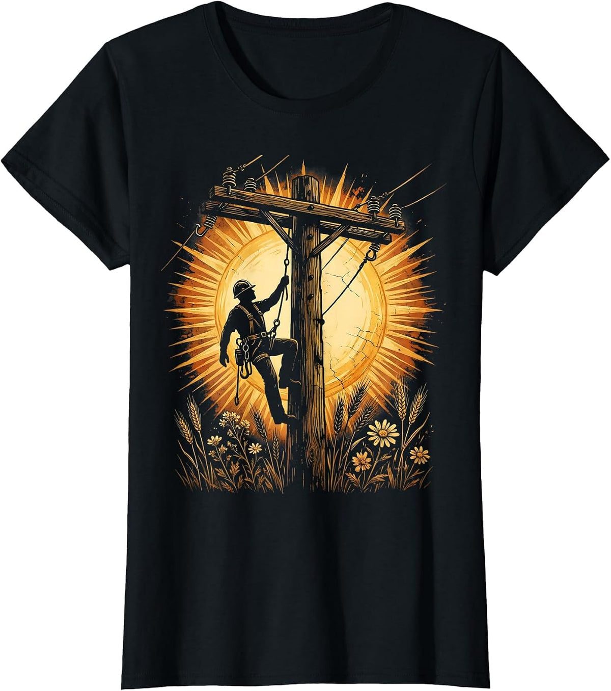 Lineman Climbing Electrical Pole Labor Day T-Shirt - Black