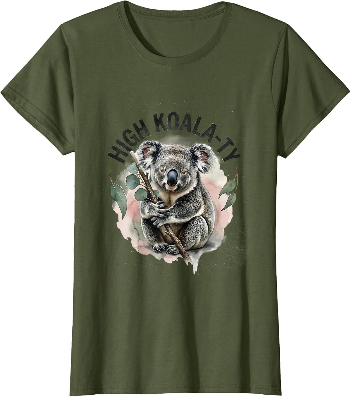 High Koala-ty Cute Koala Lover Pun Humor Watercolor T-Shirt - Olive Green