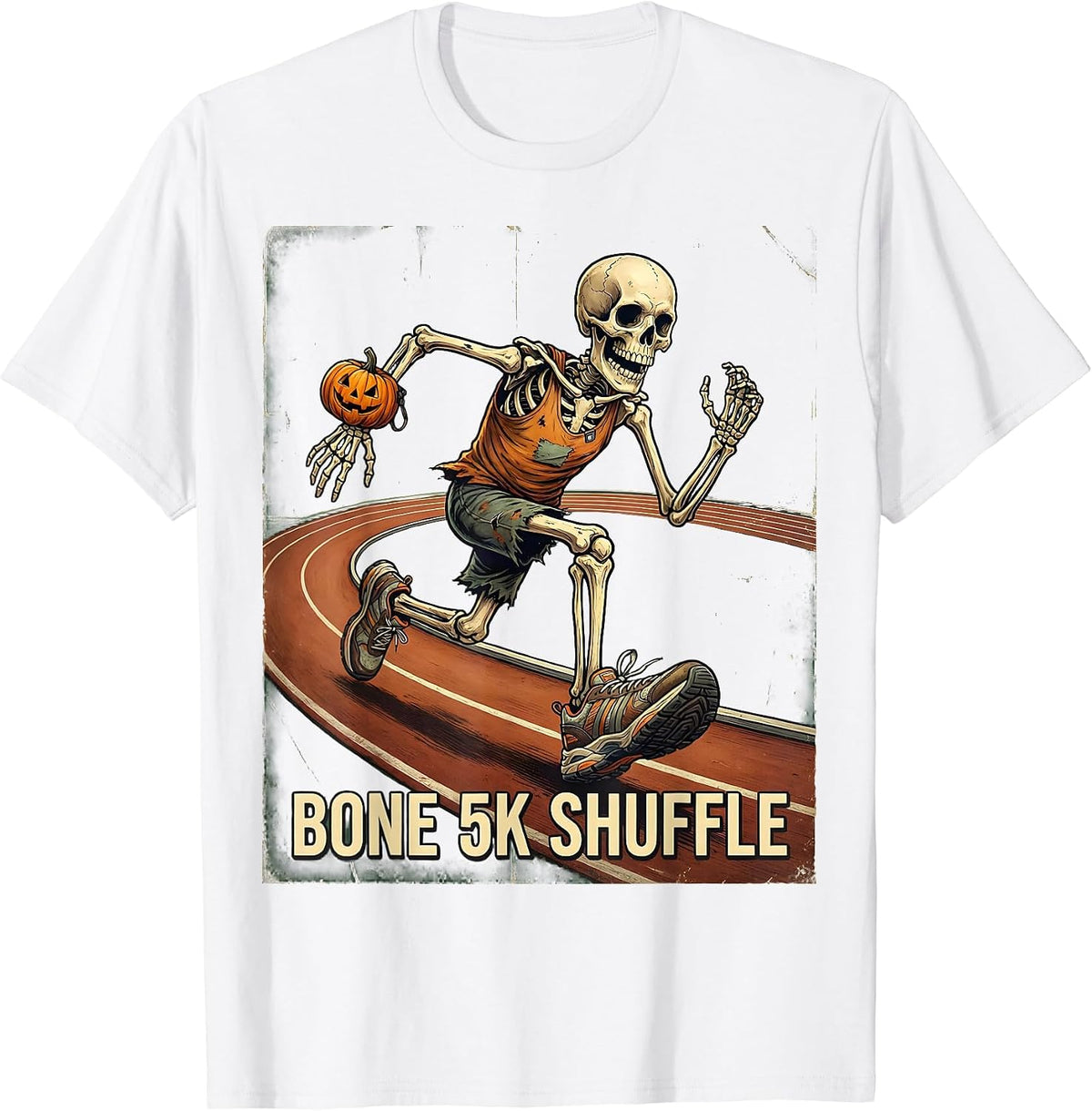 Men's Bone 5K Shuffle Vintage Skeleton Halloween Fun Run Race Day T-Shirt - White