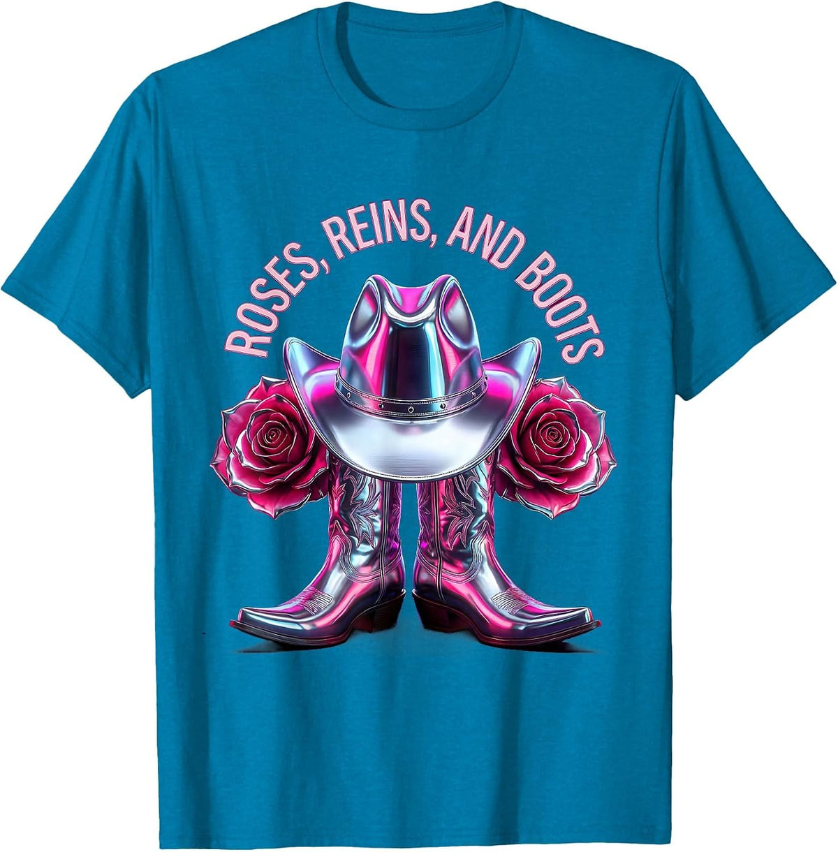 Pink Cowgirl Roses Reins and Boots Design T-Shirt - Sapphire Blue