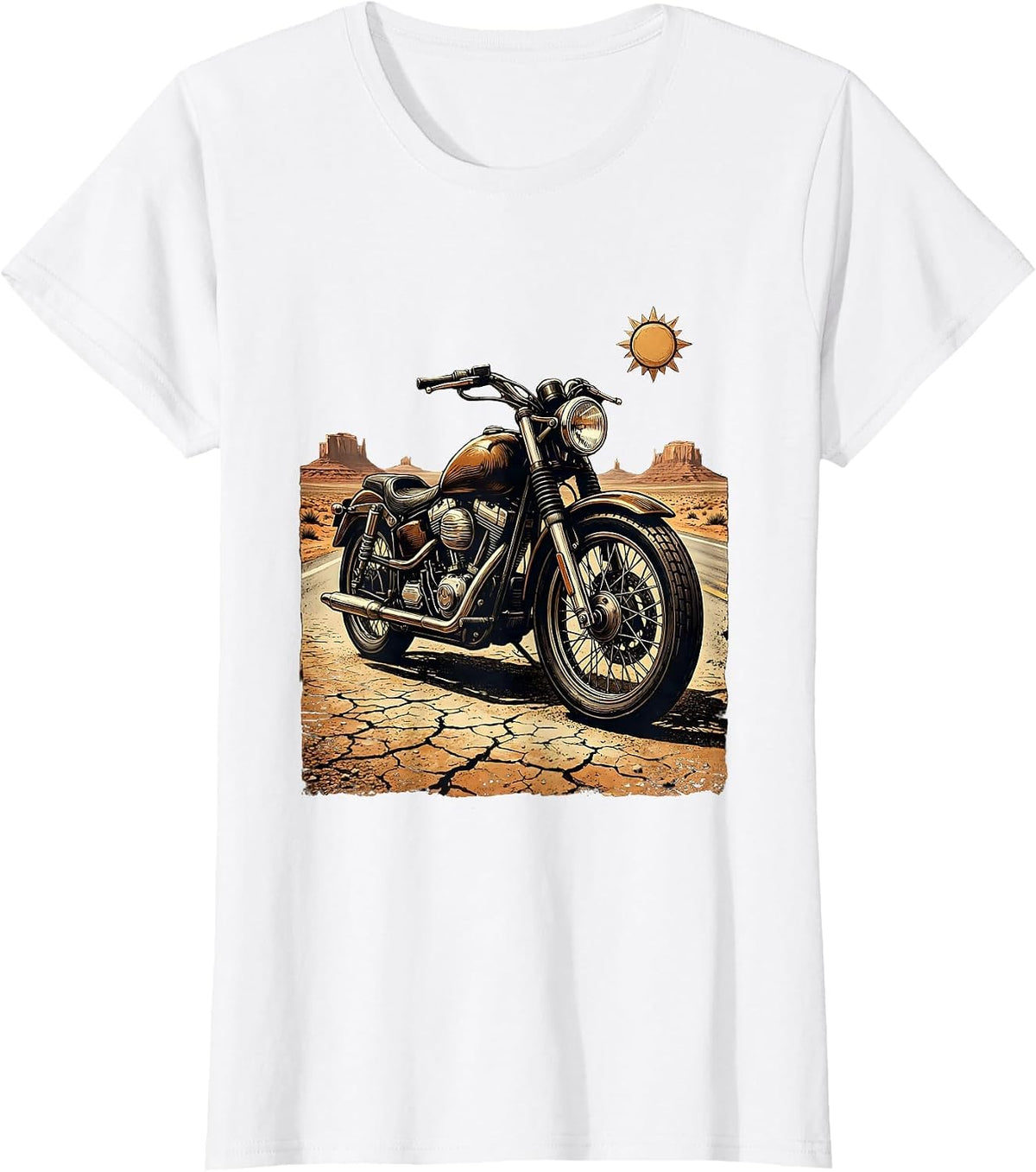 Vintage Motorcycle Desert Road Illustration T-Shirt - White