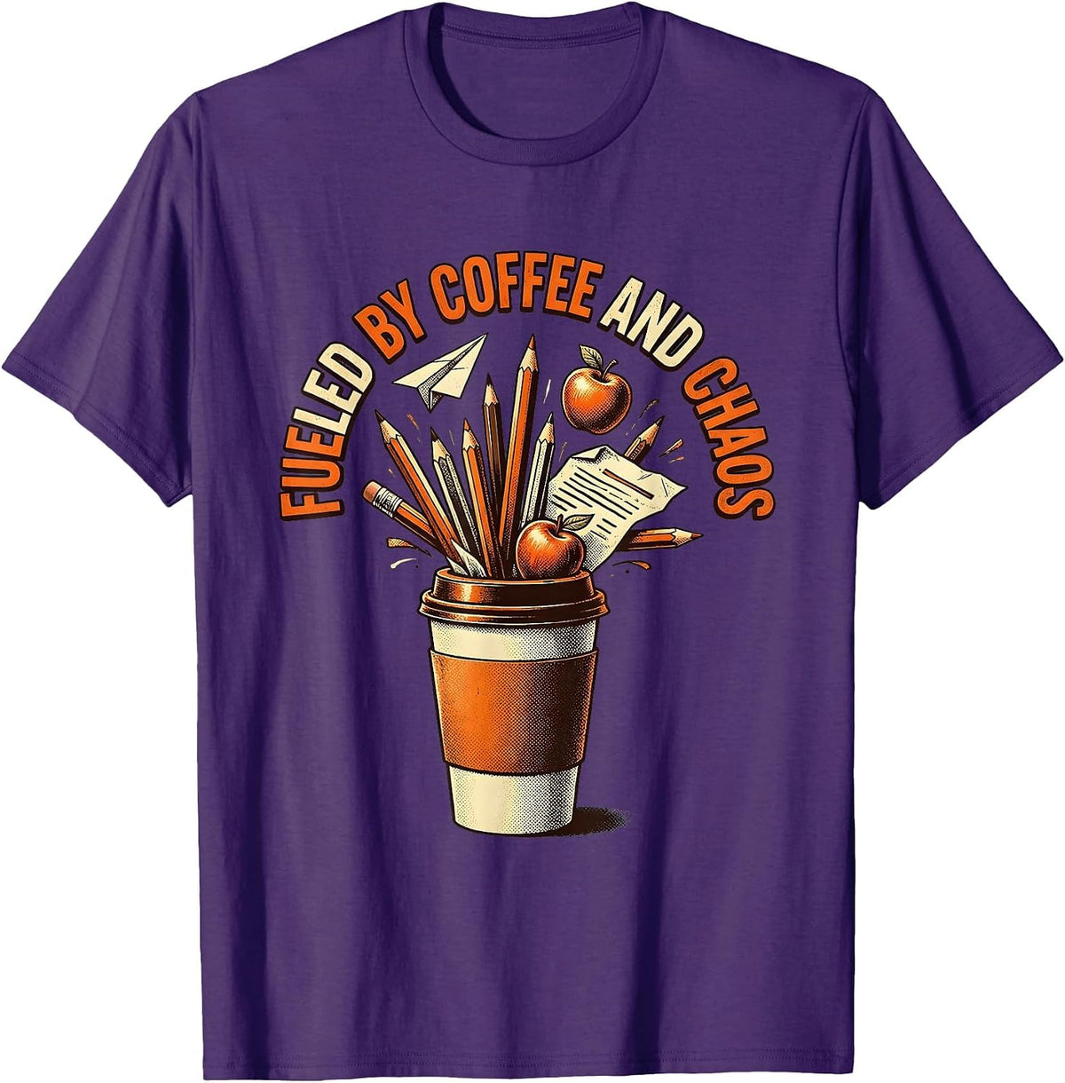 Fueled by Coffee and Chaos Middle School Teacher T-Shirt - Purple