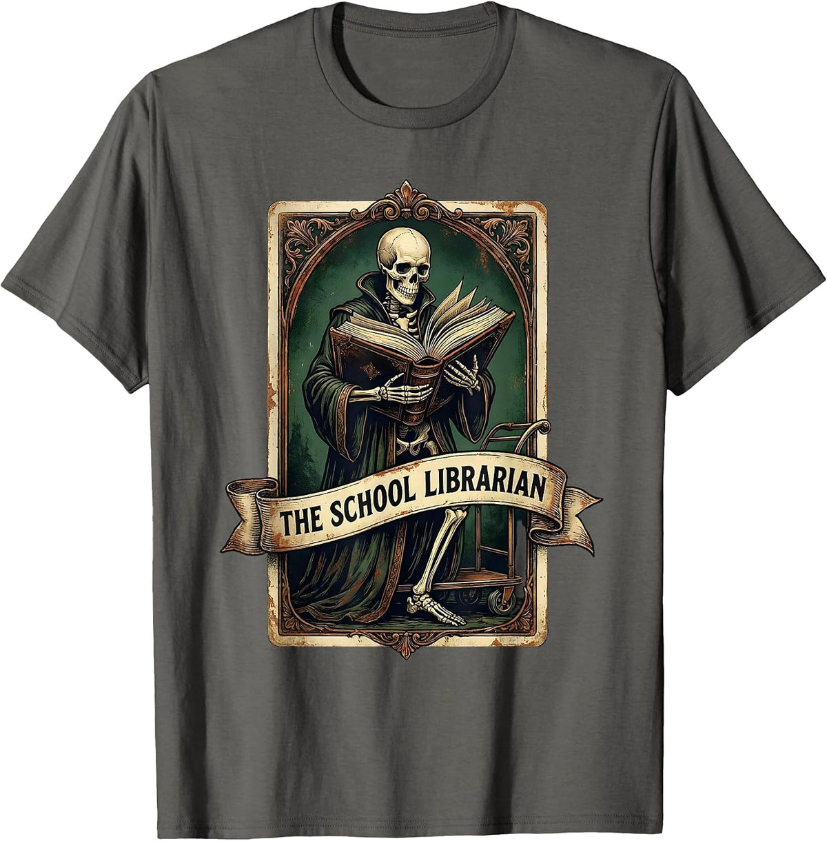 Men's The School Librarian Vintage Tarot Card Skeleton Halloween T-Shirt - Asphalt Grey