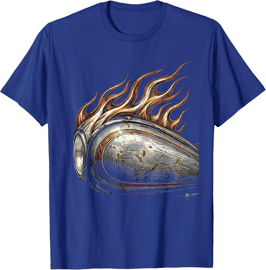 Vintage Gas Tank Pinstripe Flames Motorcycle Art T-Shirt - Royal Blue