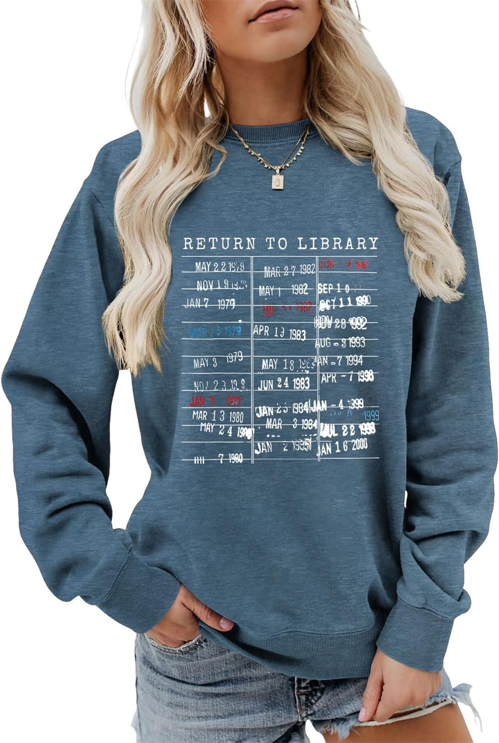 Return to Library Sweatshirt Women Book Crewneck Librarian Bookish Shirt Book Lover Tee Long Sleeve Teacher Tops - Blue