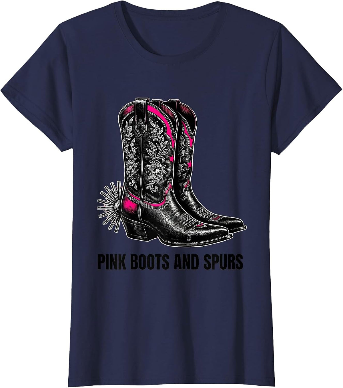 Women's Pink Boots and Spurs Western Cowgirl Design T-Shirt - Navy Blue