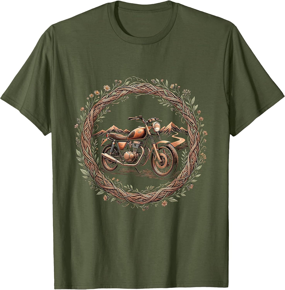 Mountain Road Motorcycle Freedom Ride Graphic T-Shirt - Olive Green