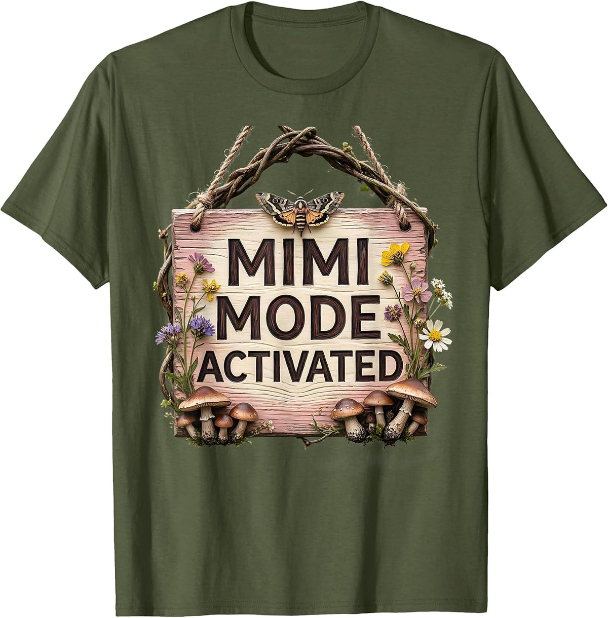 Men's Mimi Mode Activated Fun Grandma Design T-Shirt - Olive Green
