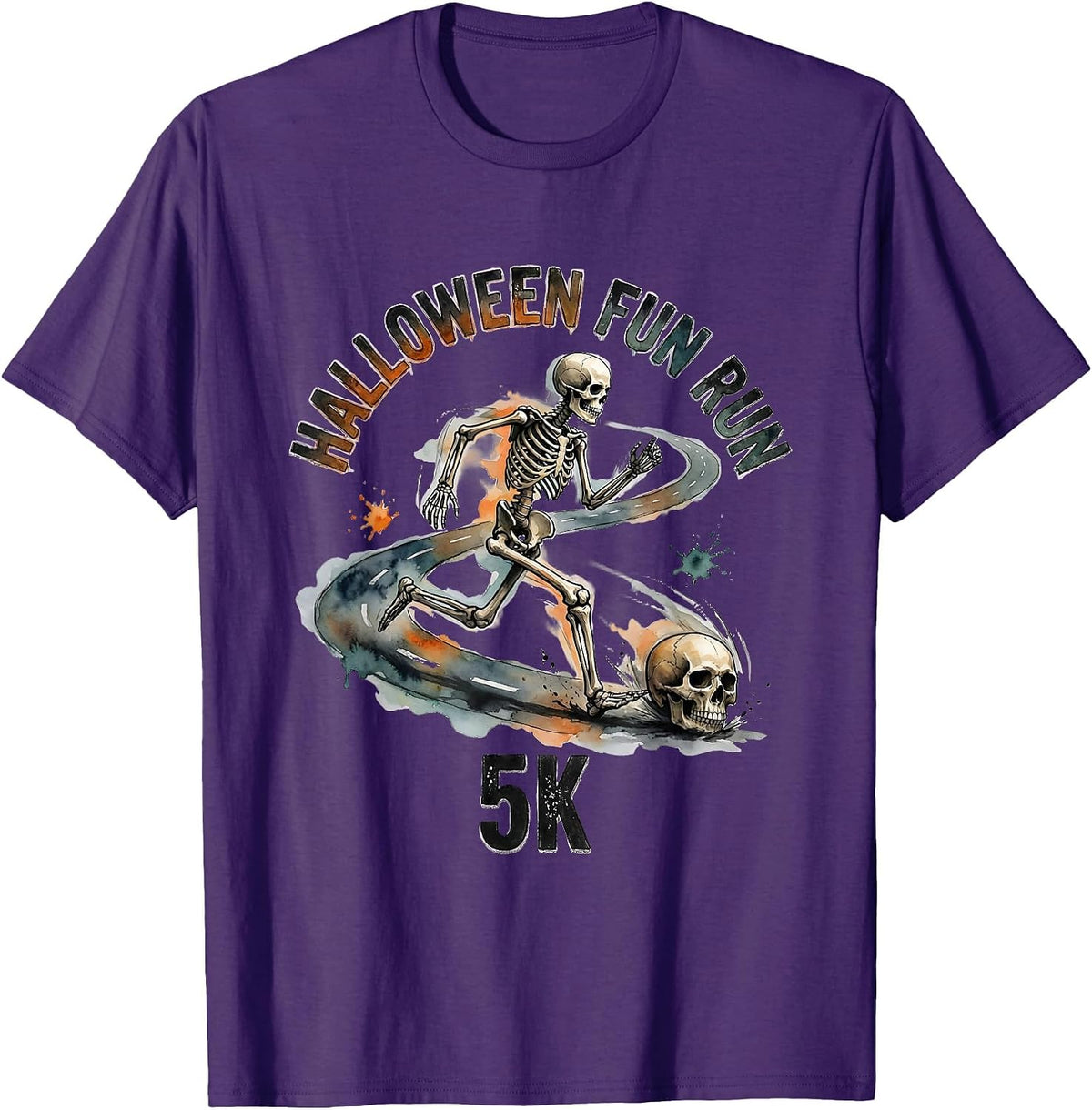 Men's Halloween Fun Run 5K Funny Skeleton Runner Watercolor T-Shirt - Purple