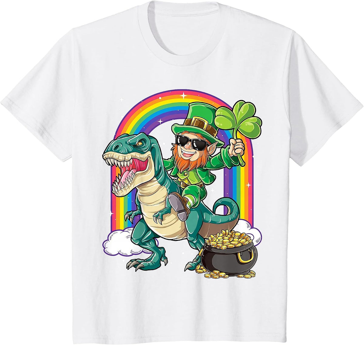 Leprechaun Riding Dinosaur St Patricks Day Boys Men T rex T-Shirt - White