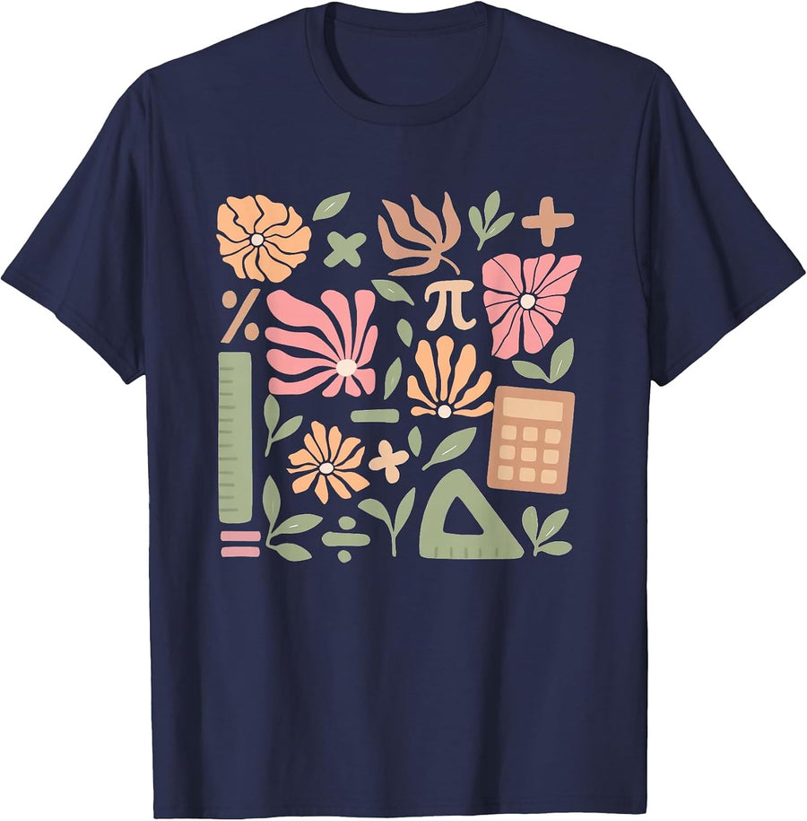 Math Teacher Boho Flowers Elementary Teacher Back to School T-Shirt - Navy Blue