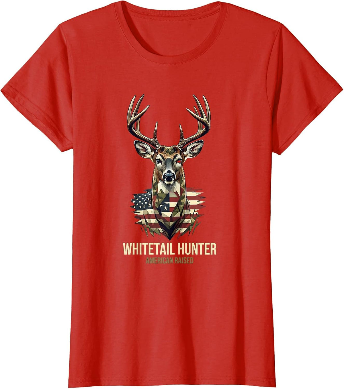 Whitetail Hunter, American Raised Patriotic Camo Deer Hunter T-Shirt - Red