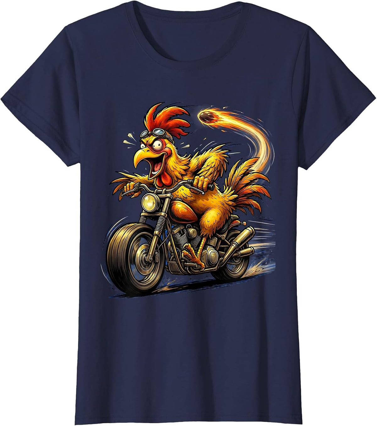 Women's Chicken Riding Motorcycle Full Speed Biker Art T-Shirt - Navy Blue