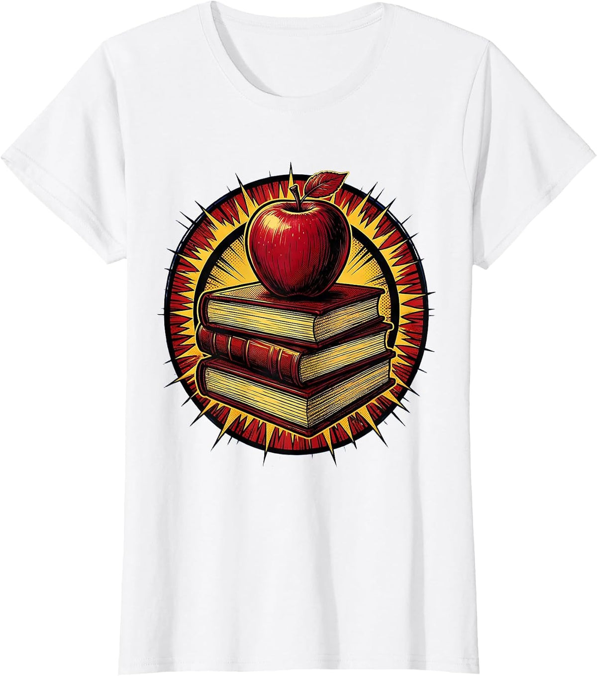 Middle School Teacher Stacked Books Apple Illustration T-Shirt - White