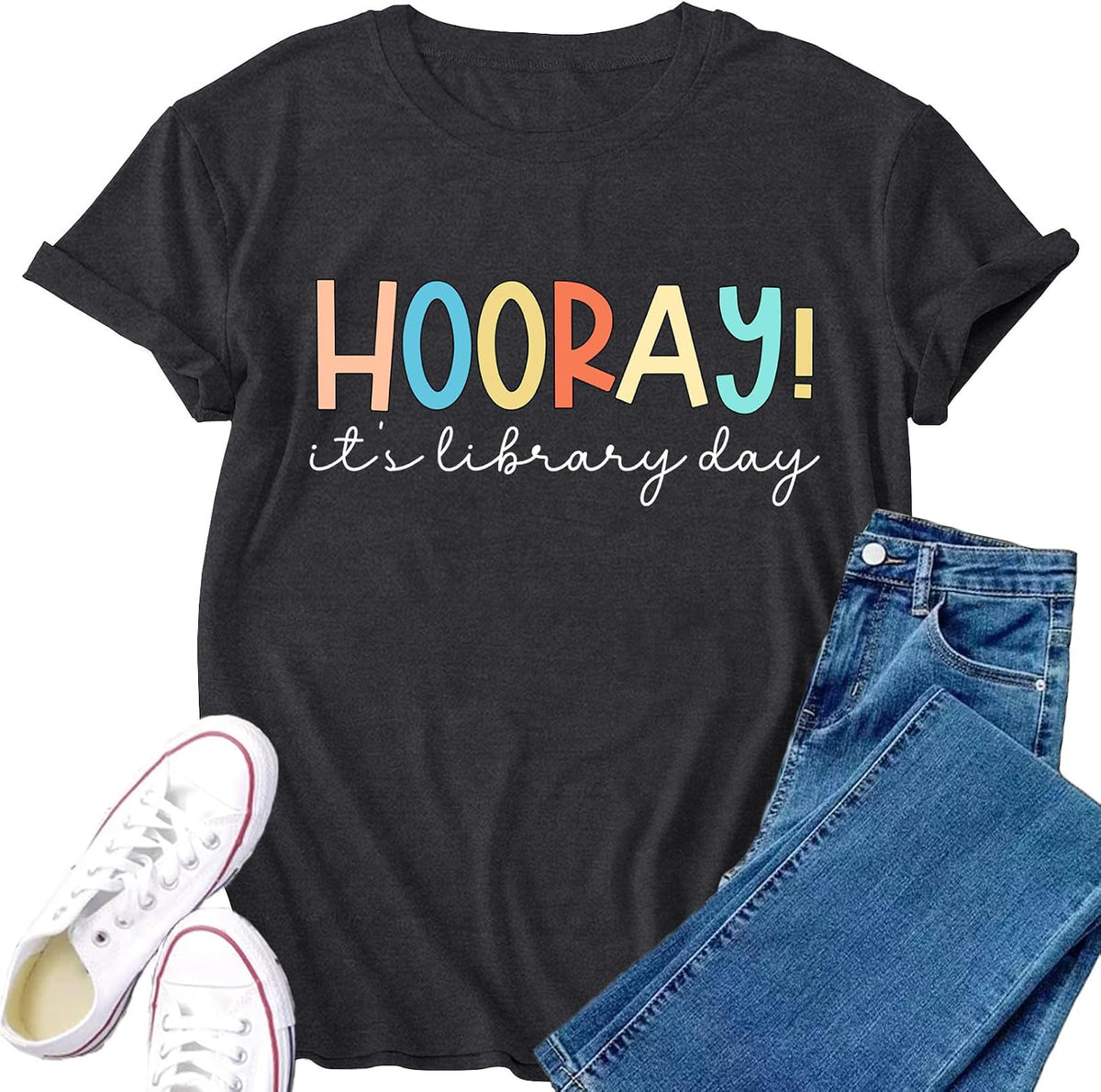 Library Shirt for Women Librarian Shirts Hooray It Library Day Tee Tops - Grey