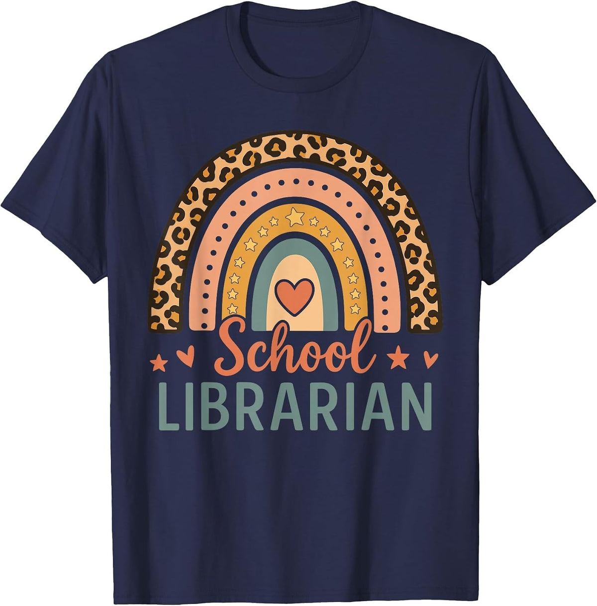 Cute School Librarian Rainbow Leopard Print Funny Librarian T-Shirt - Navy Blue
