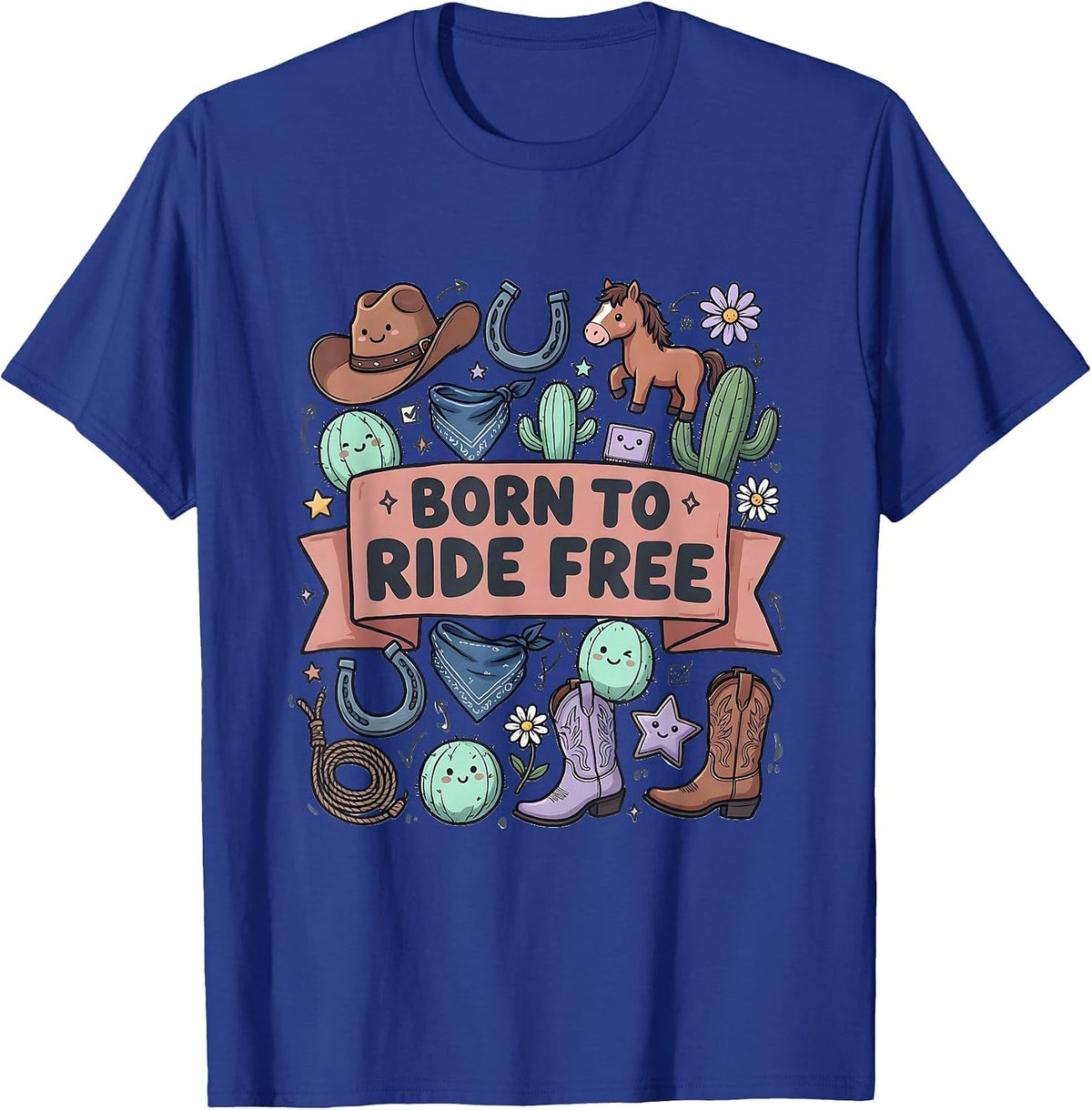 Born to Ride Free Denim Cowgirl Design T-Shirt - Royal Blue
