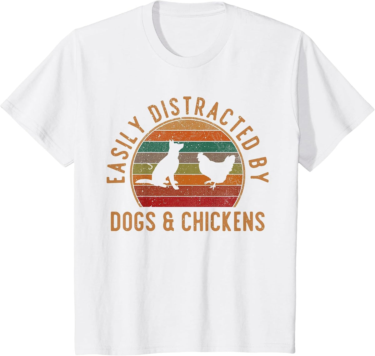 Easily Distracted By Dogs and Chickens Retro Vintage Funny T-Shirt - White