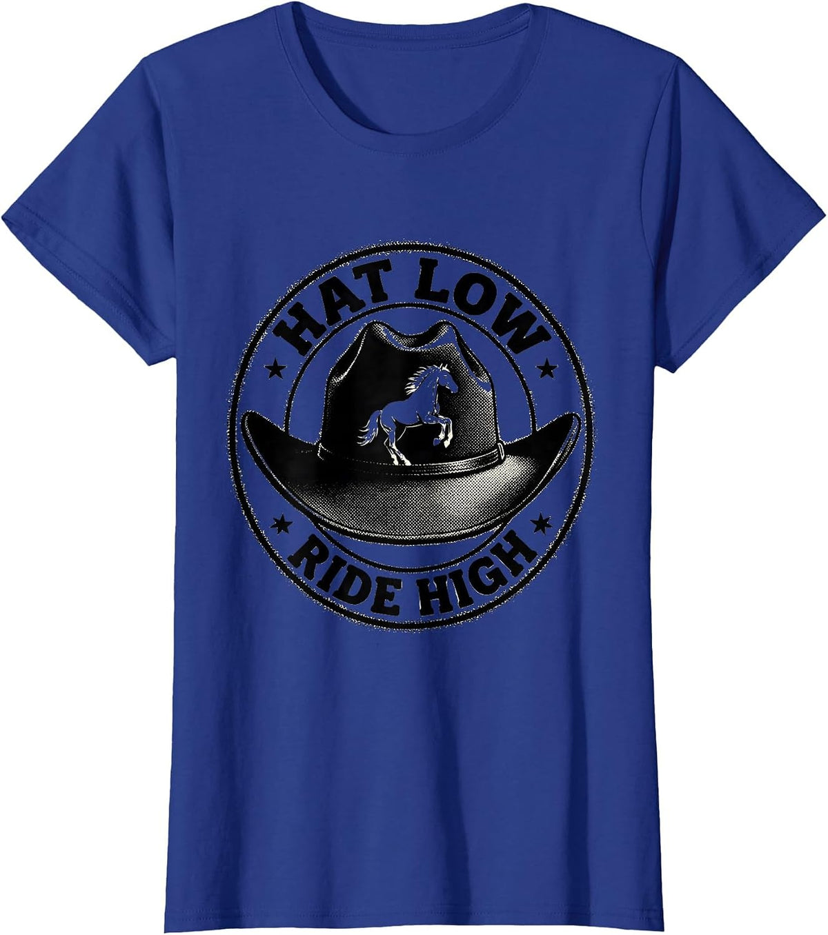 Women's Hat Low Ride High Cowboy Western Design T-Shirt - Royal Blue