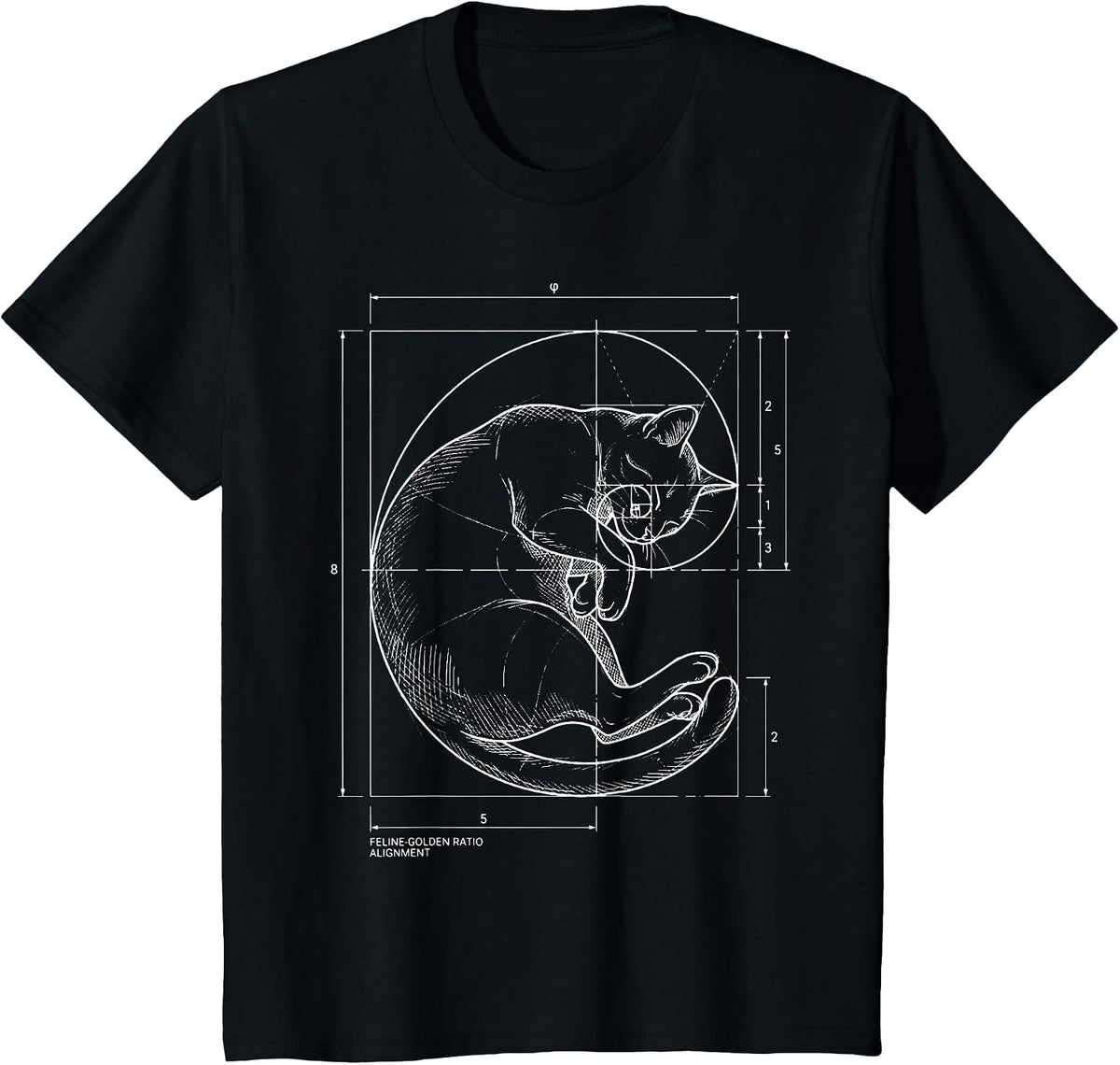 Fibonacci Spiral Cat Blueprint Sacred Geometry Math Teacher T-Shirt - Black