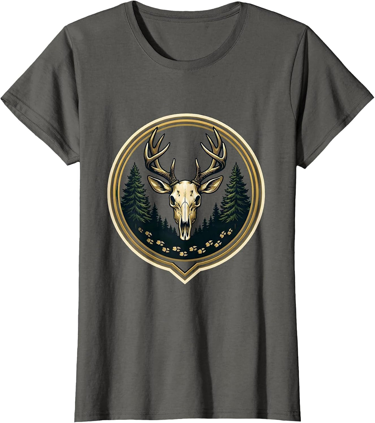 Women's Deer Tracks Into Dark Forest Hunting Design T-Shirt - Asphalt Grey