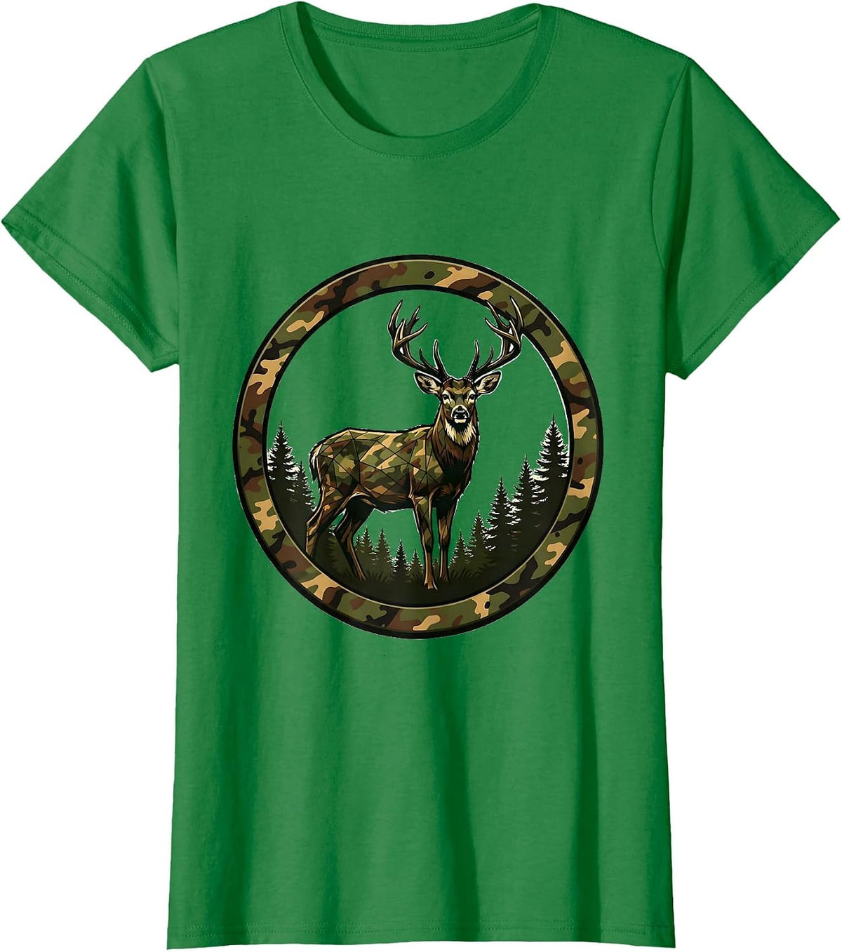 Women's Buck Deer Misty Camo Forest Hunting Graphic T-Shirt - Kelly Green