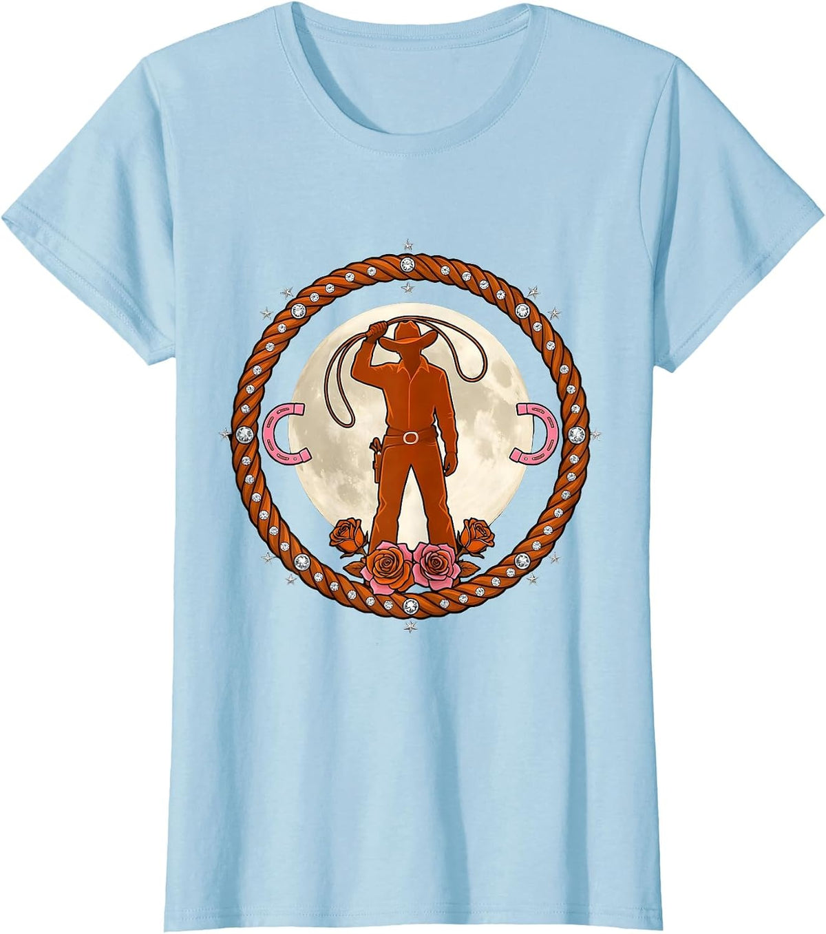 Cowgirl Silhouette Harvest Moon Western Graphic T-Shirt - Baby Blue