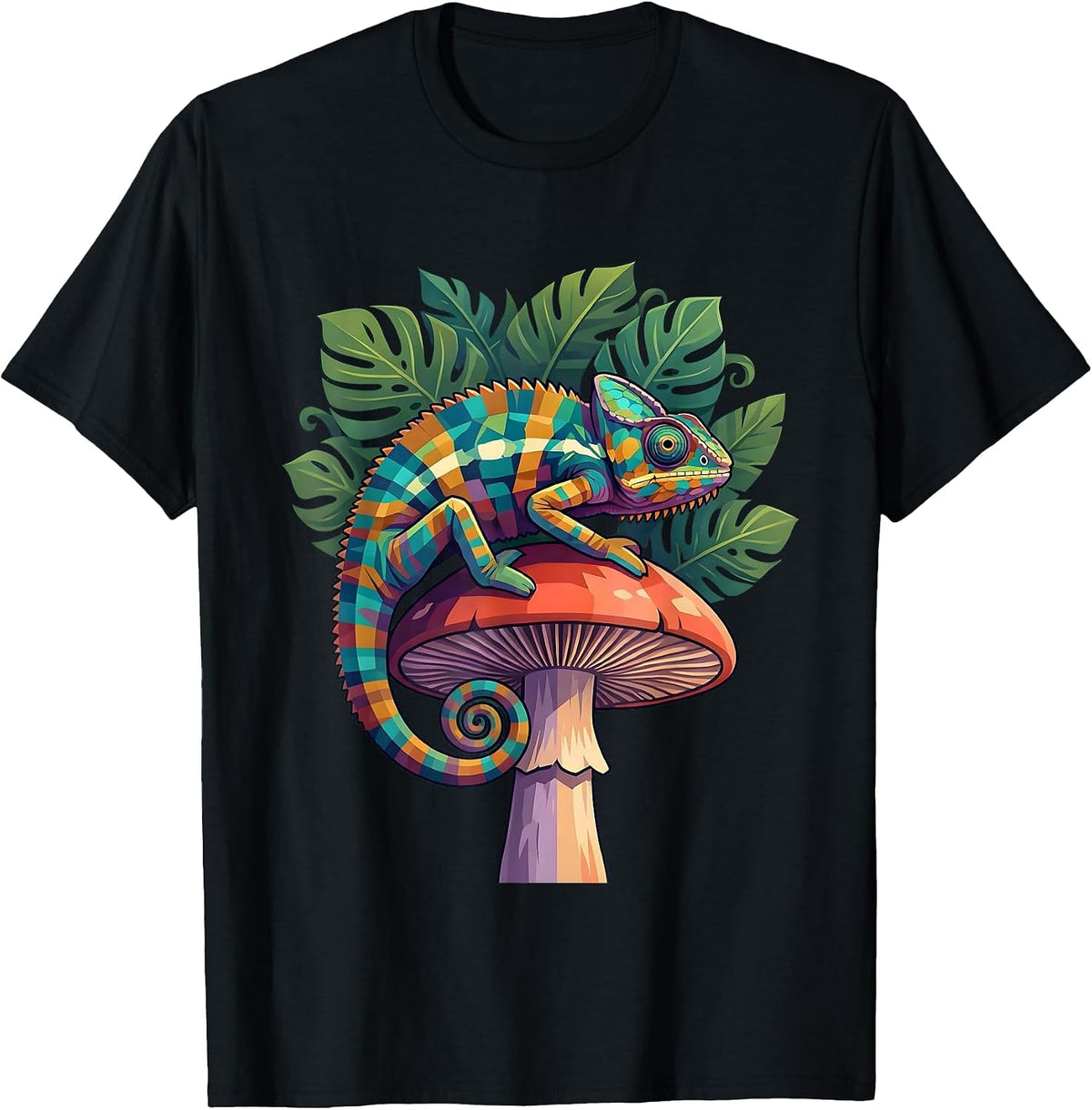 Men's Chameleon Glowing Mushroom Jungle Art T-Shirt - Black