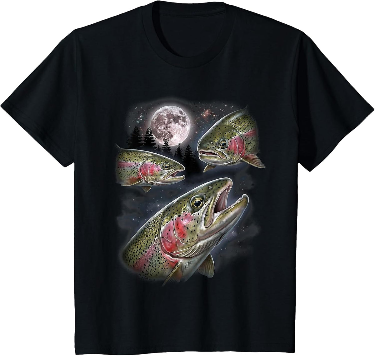 Rainbow Trout Fisherman Howling Moon Design Vintage Fishing T-Shirt - Black