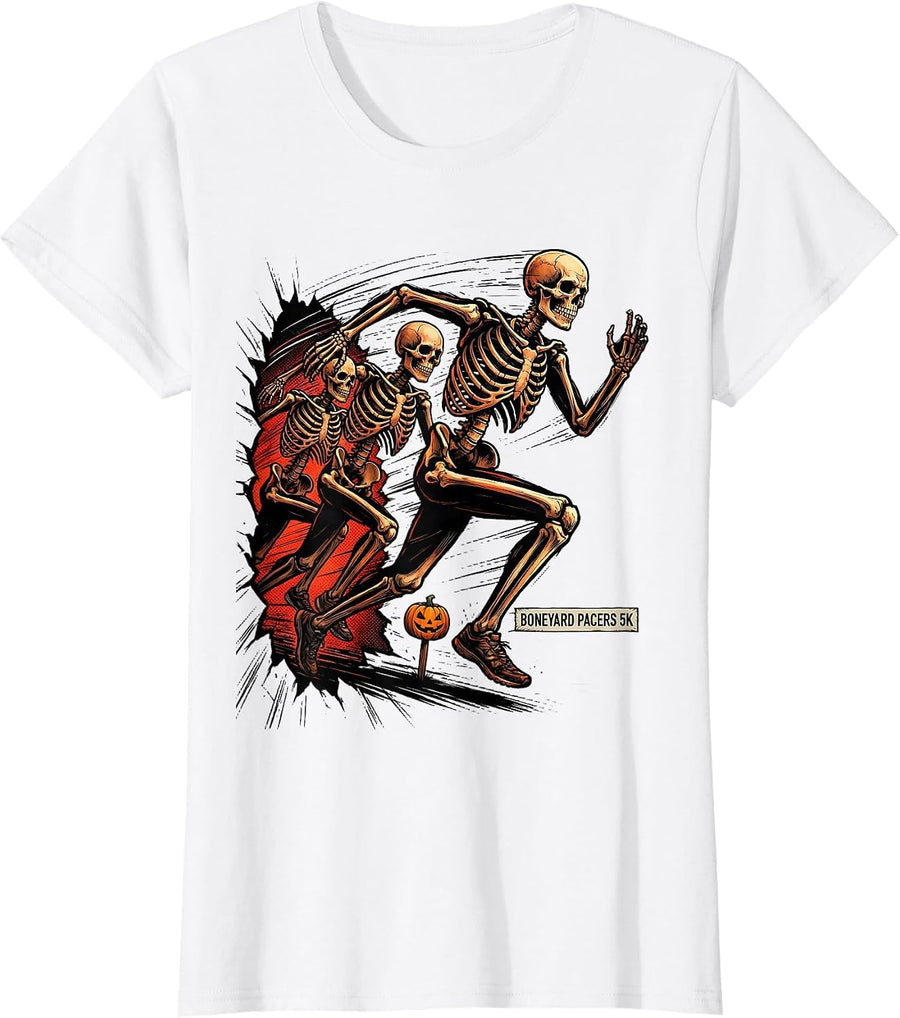 Women's Boneyard Pacers 5K Comic Book Skeleton Runner Halloween Fun T-Shirt - White