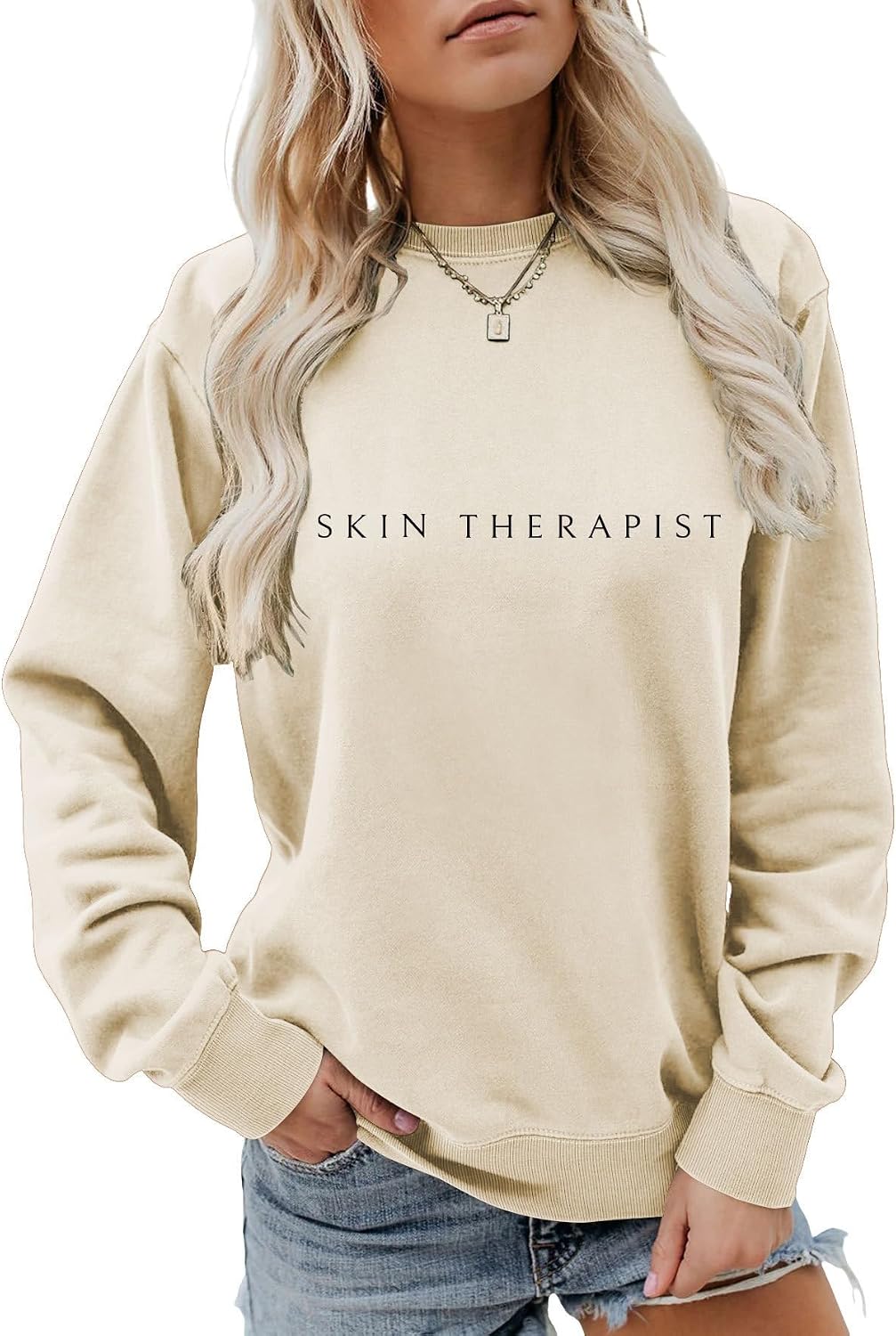 Skin Therapist Sweatshirt For Women Crewneck Esthetician Pullover Sweater Long Sleeve Skin Therapist Shirts - Beige