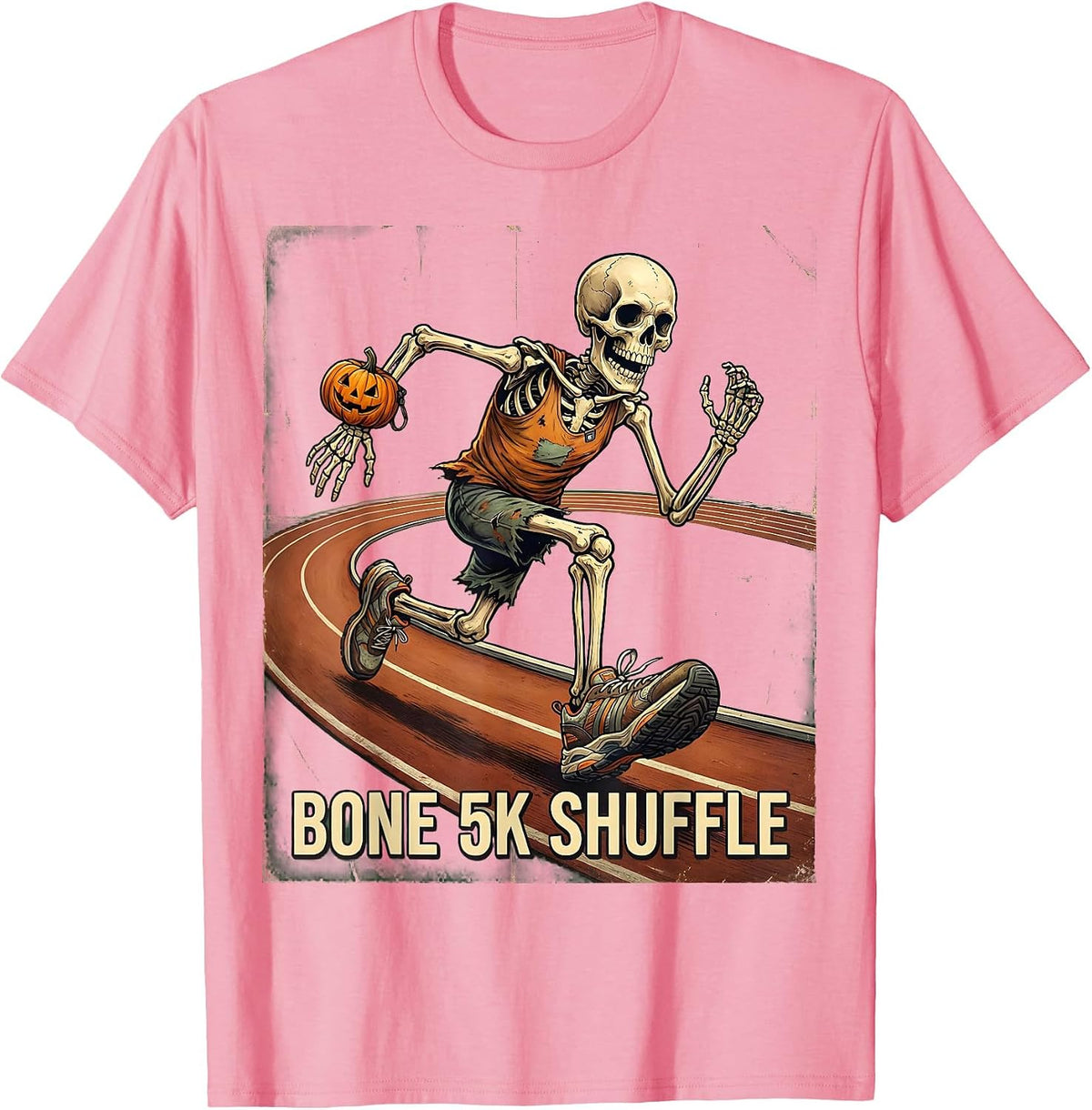Men's Bone 5K Shuffle Vintage Skeleton Halloween Fun Run Race Day T-Shirt - Pink