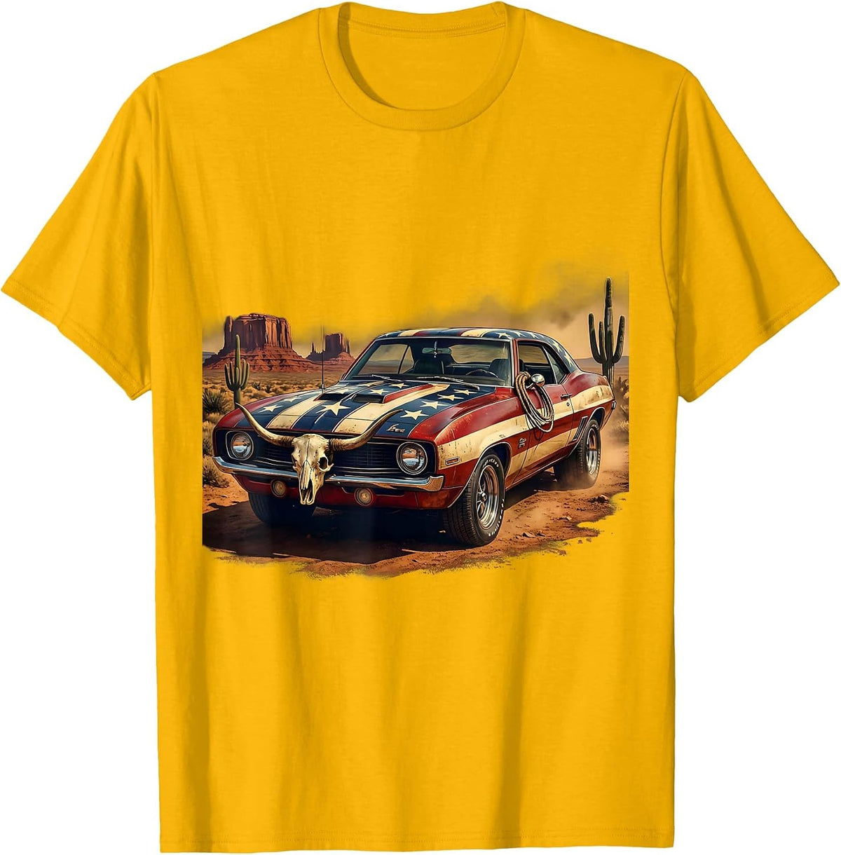 Patriotic Muscle Car Red White and Blue Design T-Shirt - Golden Yellow