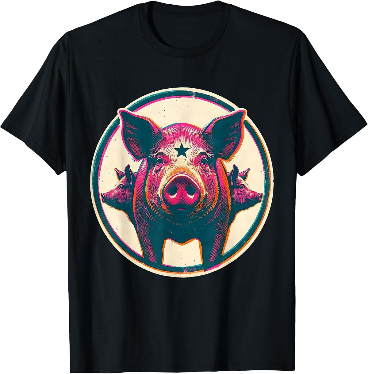 Men's Pig Badge Farm Animal Lover Humor Risograph T-Shirt - Black