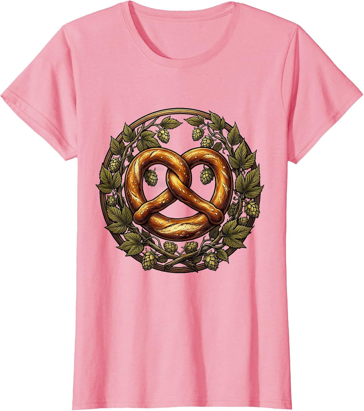 Women's Oktoberfest Pretzel and Hop Branches Illustration T-Shirt - Pink